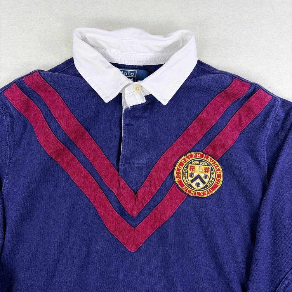 VTG Polo Ralph Lauren Custom Fit Rugby Shirt XL Navy Blue Burgundy Elbow Patch